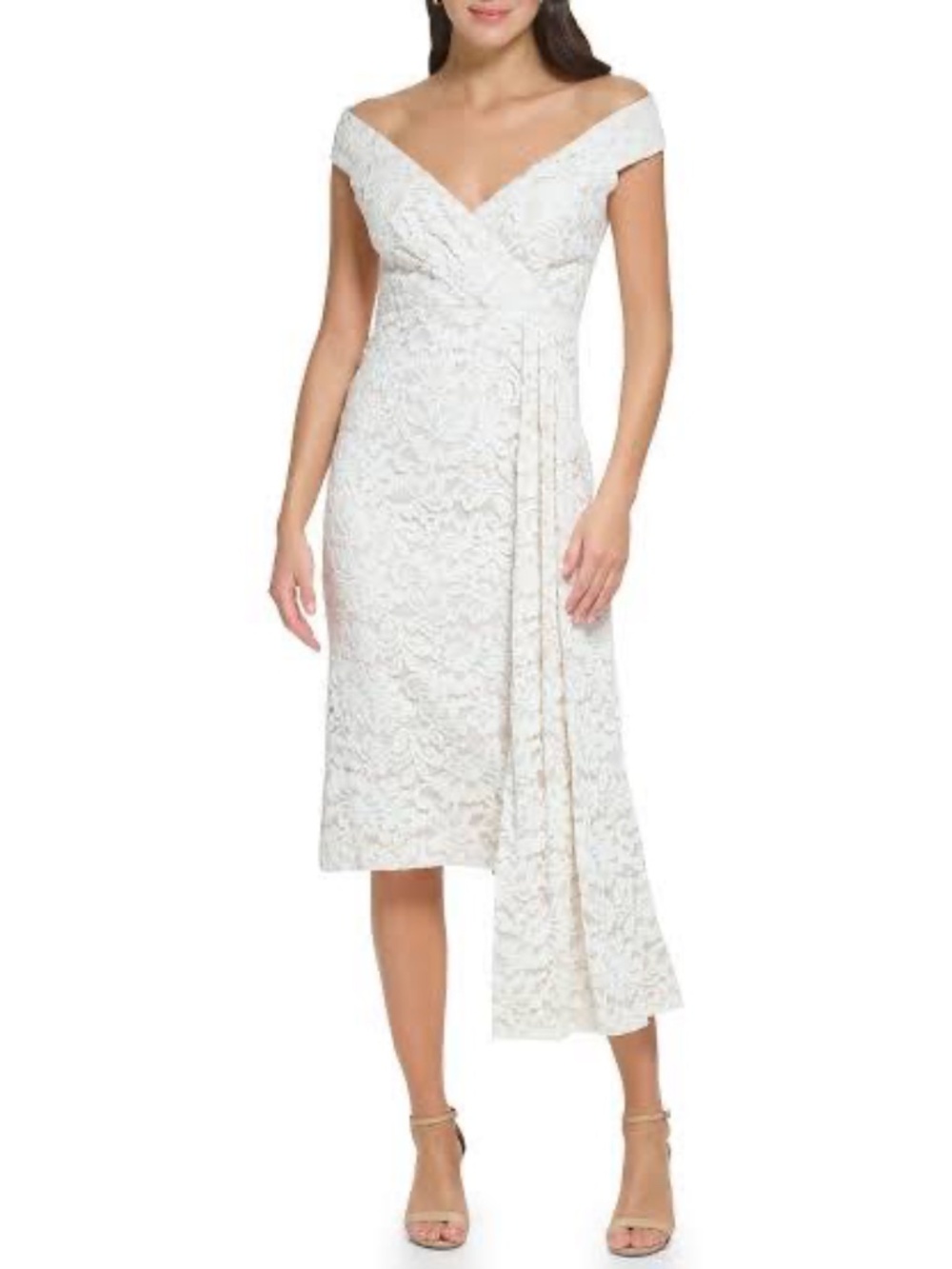 NWT Eliza J 4 Off-The-Shoulder Draped Lace Midi Dress